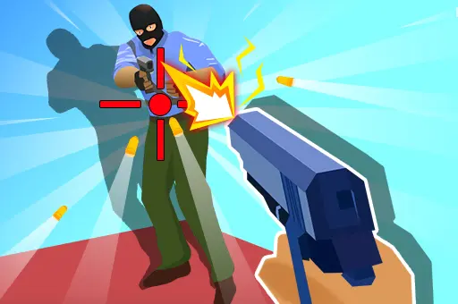 Cena estilizada de um jogo de tiro em primeira pessoa, mostrando a arma de um personagem apontada para um inimigo mascarado, que está sendo atingido pelo disparo. O inimigo veste uma camiseta azul clara e calça verde, e está em um fundo azul claro com efe